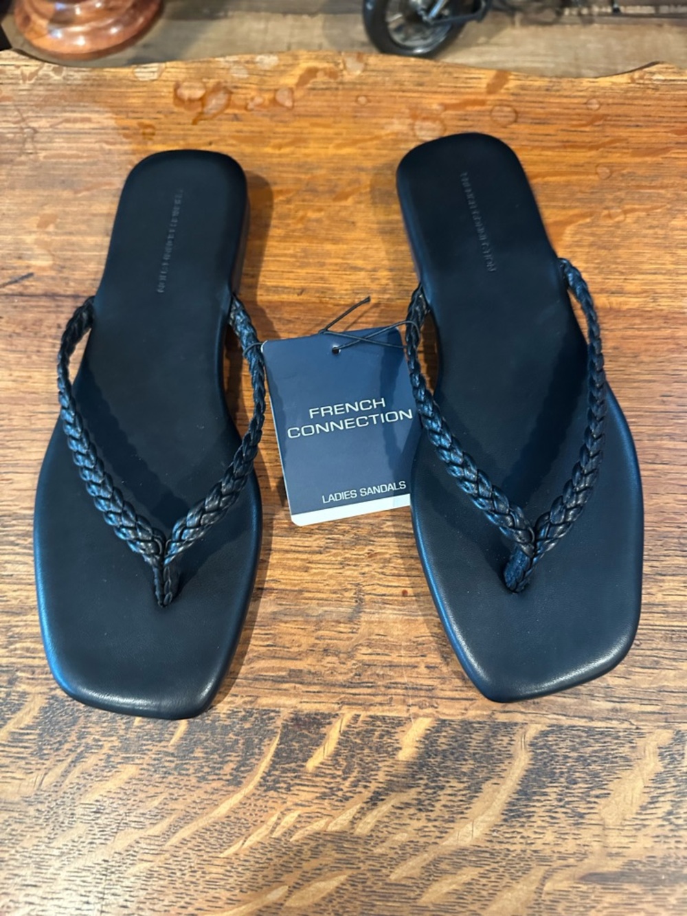 French Connection Black Braided Strap Flip Flop Sandals